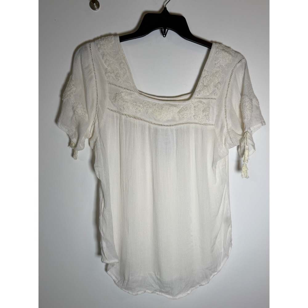 Magazine Cream Cotton Gauze Embroidered Tassel Boho Blouse  L